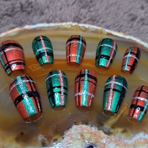 Christmas Plaid Holiday Press On Nails Hand Painted Apres Gel-X, Short Coffin